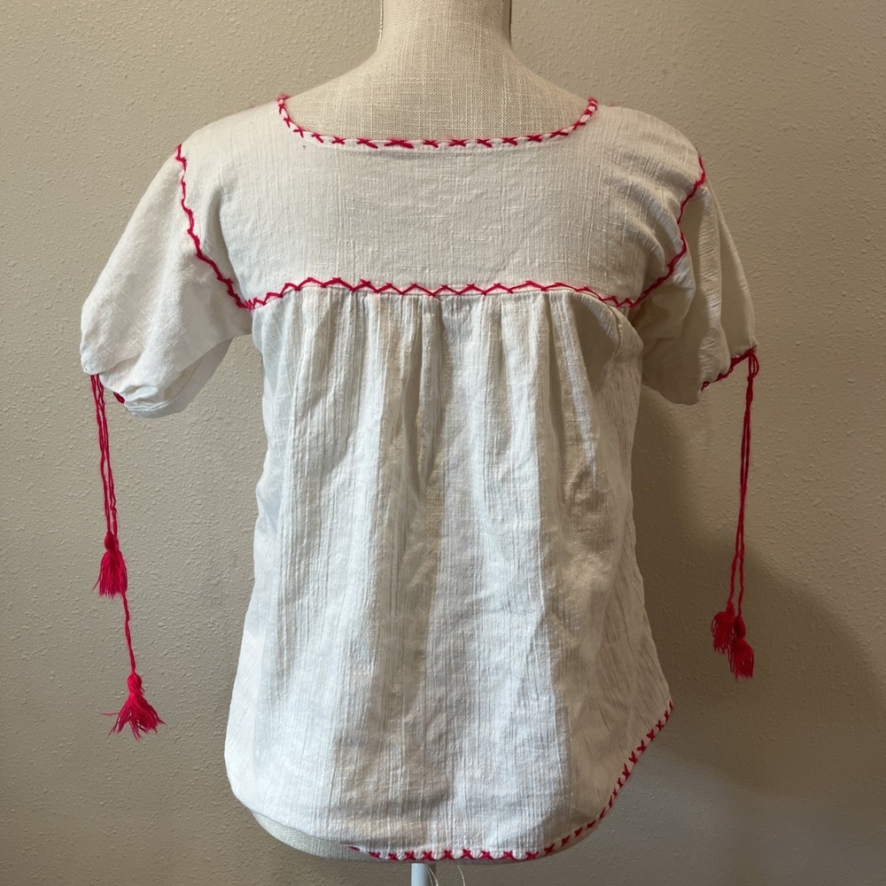 Vintage Hand-Embroidered Girls XL Linen Shirt Hispanic Gauzy Pockets Pink White - Picture 6 of 7